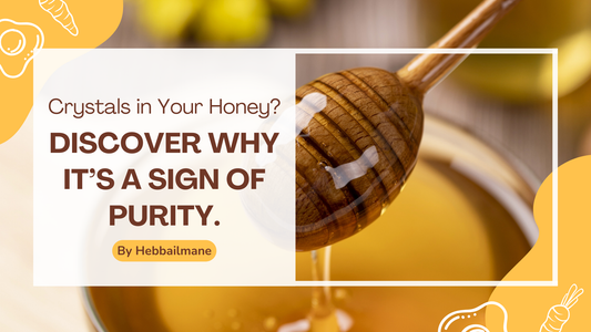 Honey dipper dripping golden forest honey with text overlay: ‘Crystals in Your Honey? Discover Why It’s a Sign of Purity. By Hebbailmane.